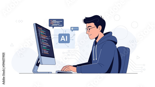 Young programmer coding artificial intelligence on computer, AI development concept