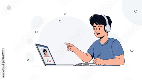 Young student learning remotely with headphones and laptop