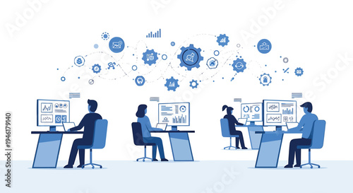 Set of 3 office workers at computers with gears and icons vector