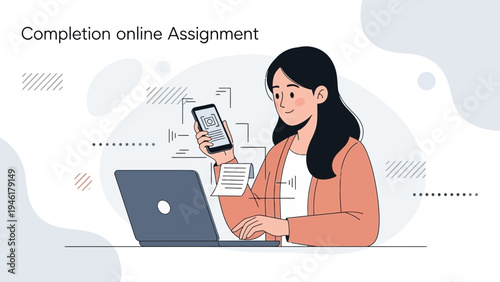 Young Woman Completing Online Assignment on Laptop and Phone