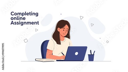 Young Woman Completing Online Assignment on Laptop, Studying and Learning