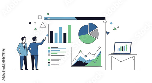 Vector illustration of two businessmen analyzing data on a large infographic board