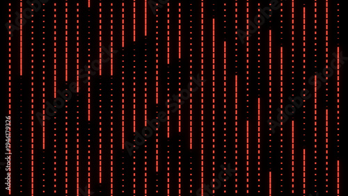 Red vertical digital lines with dotted segments and dark negative space abstract texture pattern