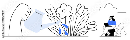 Growth concept. Growth by watering flowers nurture and development. Growth also with a person working remotely. Ideal for work-life balance, nature, productivity, remote work, personal development