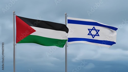 National flags of Palestine and Israel flying side-by-side symbolizing the intricate diplomatic relations.