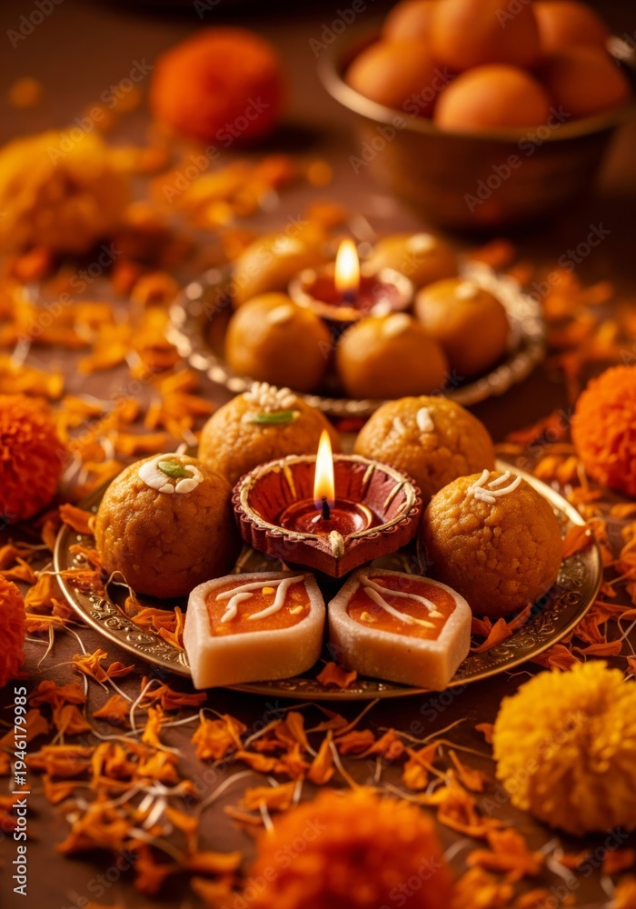 Fototapeta premium Golden Plate with Festive Sweets and Lit Candle for Diwali
