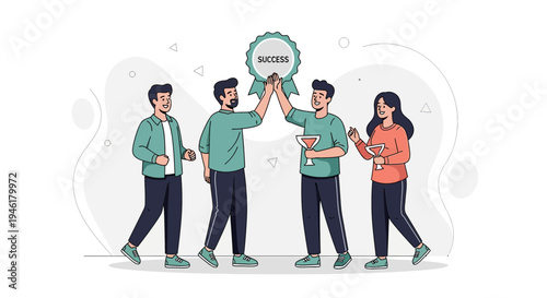 Teamwork success celebration, people high five with trophy and award ribbon