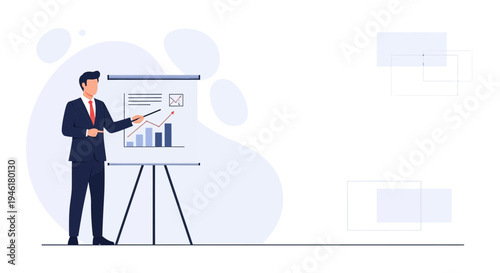 Businessman presenting financial growth chart on whiteboard, business strategy concept