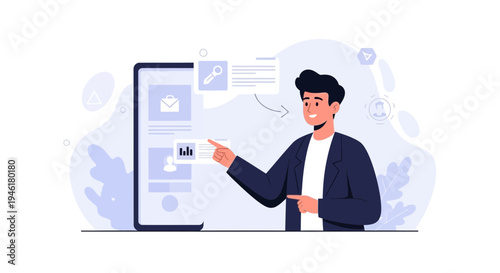 Man presenting digital interface on smartphone, data analytics and communication concept