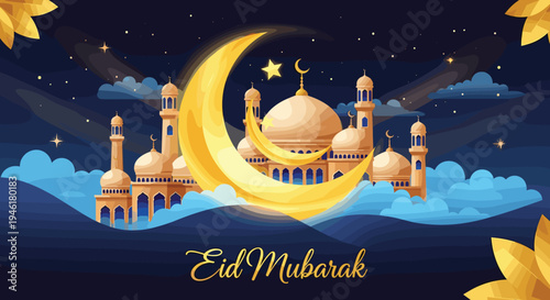 Happy Eid Mubarak Al Fitr FLat Minimalist Design Illustration