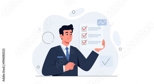 Businessman holding checklist with checkmarks, task completion, success, planning