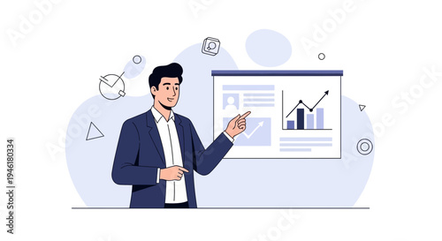 Businessman presenting data on a whiteboard with charts and graphs, business meeting concept
