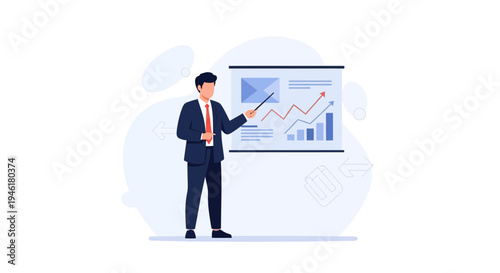 Businessman presenting financial growth chart on a whiteboard during a meeting