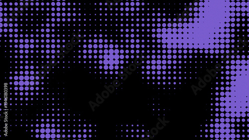 Violet halftone dot gradient field with pixel blocks and wide black negative space abstract texture