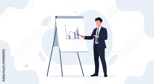 Businessman presenting financial growth chart on flip chart, business strategy concept