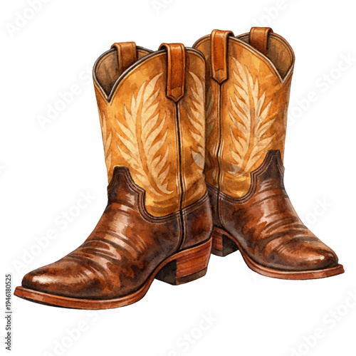 A watercolor illustration of cowboy boots for western fashion designs, country music graphics, rodeo decorations, and rustic cowboy themed illustrations.