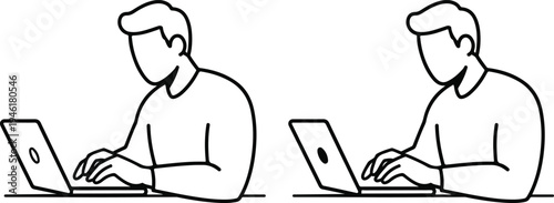 Two men typing on laptops at desks in line style line black and white