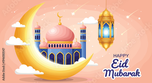 Happy Eid Mubarak Al Fitr FLat Minimalist Design Illustration