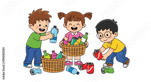 Three diverse children are happily collecting plastic bottles and aluminum cans into baskets for recycling, promoting environmental awareness.