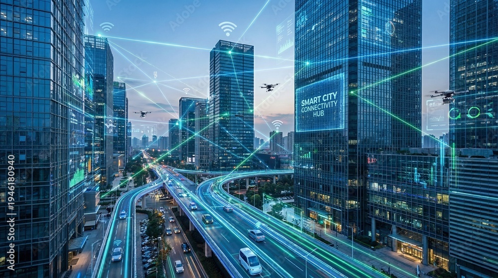 Obraz premium Smart City: A vibrant cityscape pulses with innovation, showcasing the seamless integration of technology in modern urban life, where networks connect everything from transportation to communication.