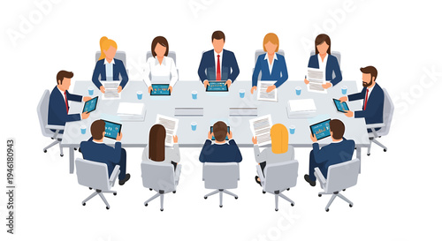 Vector illustration of 10 people in business attire sitting around a conference table