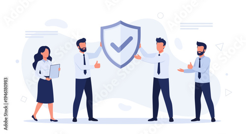 Teamwork security concept: people holding a shield with a checkmark, business protection
