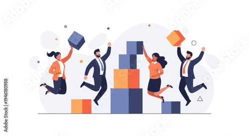 Teamwork success: business people jumping with joy building blocks, teamwork, collaboration