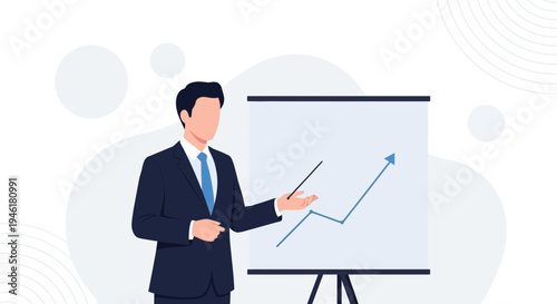 Businessman presenting financial growth chart on whiteboard, business success concept