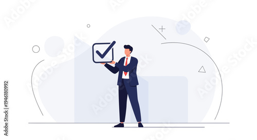 Businessman holding a checkmark in a square, symbolizing success and approval