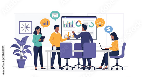 Vector illustration of 4 people in office meeting with whiteboard