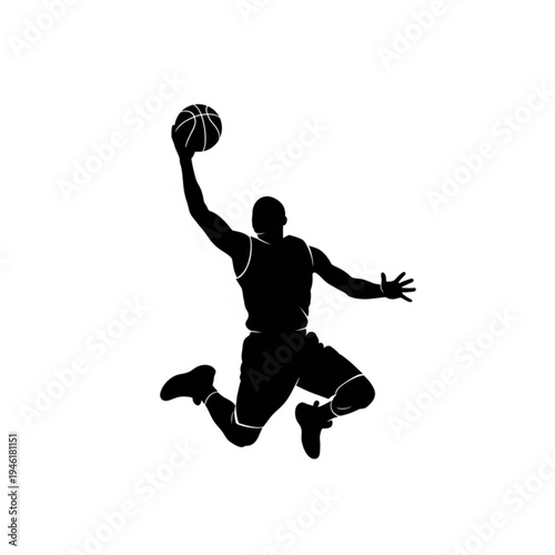 A silhouette of a basketball player jumping to dunk a ball