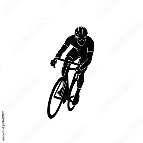 A black silhouette of a cyclist riding a bicycle with a helmet and gloves