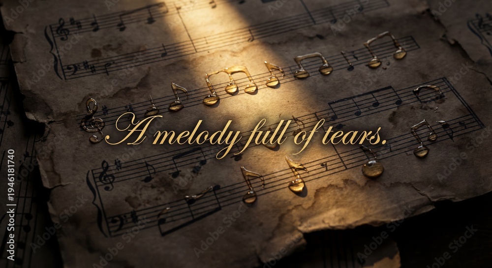Obraz premium Water droplets forming musical notes on dark vintage sheet music with a golden typography quote about a melody full of tears, symbolizing grief.