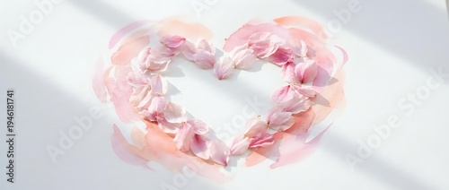 Heart-shaped arrangement of delicate pink rose petals on soft white fabric background for romantic wedding and love concepts.