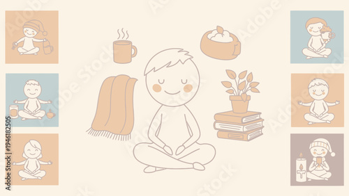 Cute cartoon character meditating peacefully with eyes closed.