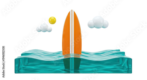 3D Render of Orange Surfboard in Teal Water with Sun and Clouds