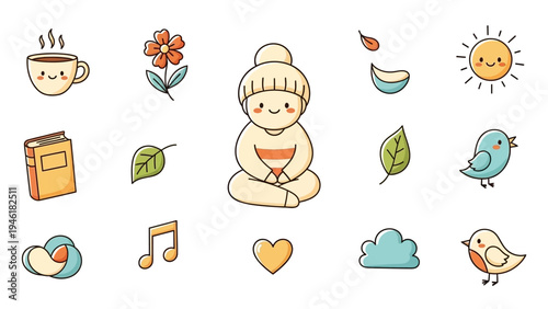 Cute cartoon character meditating with various nature and leisure elements.