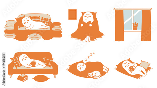 Cute Cartoon Character Sleeping and Relaxing in Various Poses.
