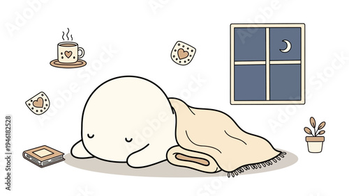 Cute cartoon character sleeping peacefully under a cozy blanket.