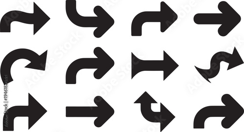 Diverse Black Arrow Icons Set for Navigation, Direction, and User Interface Elements