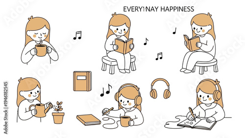 Cute Cartoon Girl Enjoying Everyday Simple Pleasures and Hobbies.