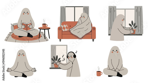 Cute Ghost Characters Enjoying Cozy Indoor Activities.