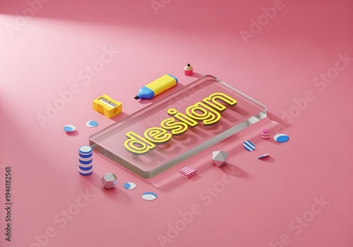Creative design elements with colorful geometric shapes and stationery items