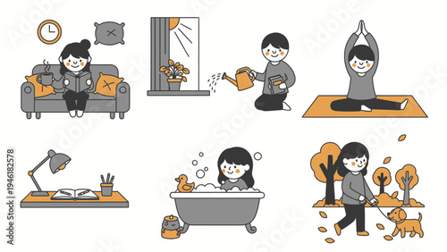 Daily routine activities of a woman at home and outdoors.