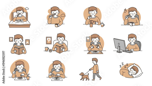 Daily routine of a person doing various activities at home and outdoors.