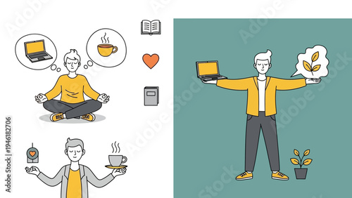 Man balancing work life and personal well being with technology and nature.