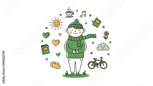 Happy person surrounded by various hobbies and interests in a cheerful illustration.