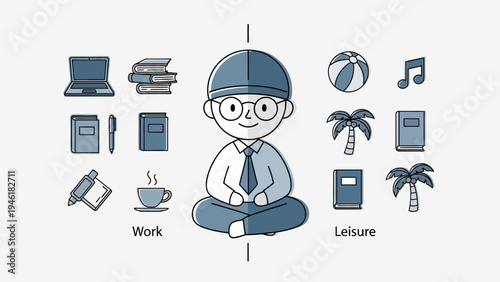Man balancing work and leisure activities in a split illustration.
