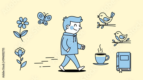 Happy man walking outdoors surrounded by nature and leisure items.