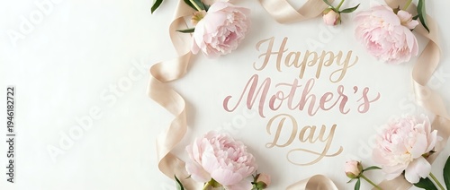 Elegant Mother's Day greeting card with soft pink peonies and golden ribbon on white background for holiday celebrations and gift designs.